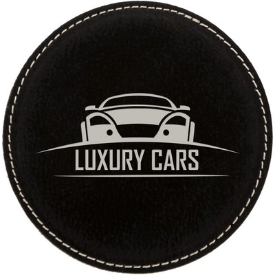 4" Round Black/Silver Laserable Leatherette Coaster