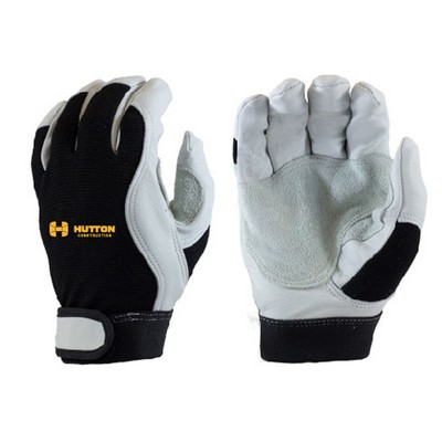 Grey, pigskin palm, blue nylon, mechanics glove, Velcro closure