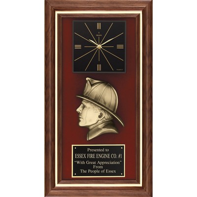 Walnut Plaque with Quartz Movement Clock, Fireman, 13x24"