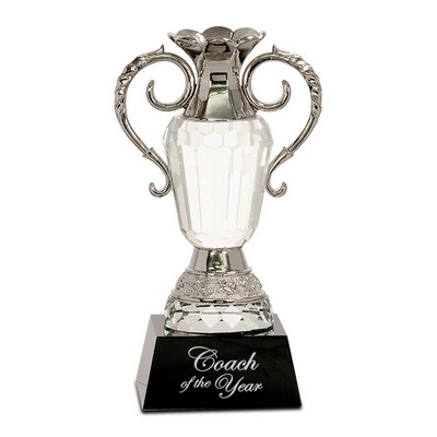 8" Clear Crystal Cup Trophy w/Silver Metal Handles & Black Base