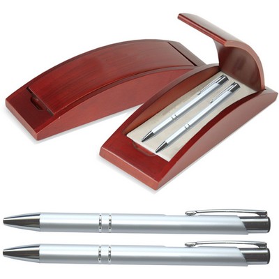 JJ Series Pen and Pencil Gift Set in Rosewood Color Wood Gift Box with Hinge Cover, Silver pen