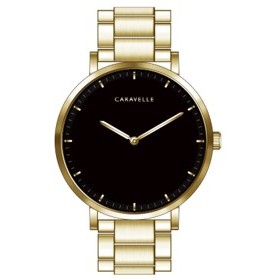 Caravelle Men's Gold Tone Stainless Steel Bracelet Watch with Black Dial and Gold Accents