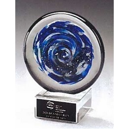 Blue & White Disc Art Glass Award w/Clear Glass Base