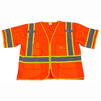 Deluxe Orange Mesh/Lime Two Tone ANSI Class 3 Safety Vest with Zipper Closure