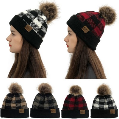 Winter Pompom Checked Beanie Hat