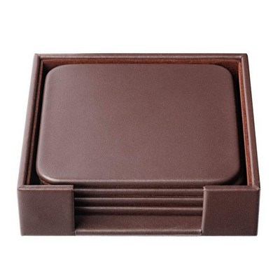 4" Classic Chocolate Brown Square Leather Coaster Set w/Holder