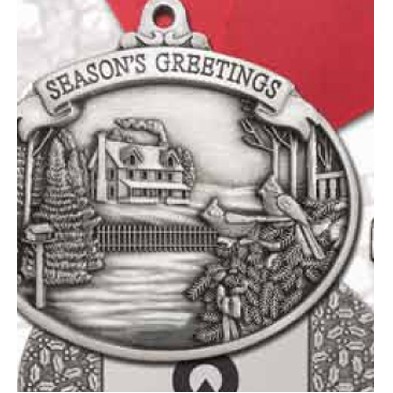 Mini Stock Design Season's Greetings Outdoor Winter Scene Pewter Ornament