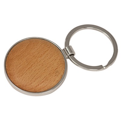 1.625" x 1.625" - Beechwood and Silver Keychains - Round