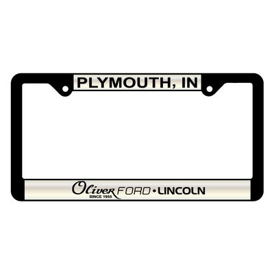 Black Plastic Signature Laminate Standard License Plate Frame w/White Reflective Material