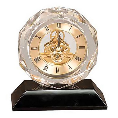 Clear Crystal Octagonal Clock on Black Pedestal Base, 5-3/4"H