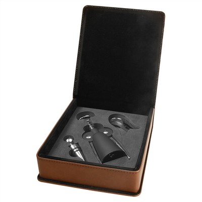 Laserable Dark Brown Leatherette 3-Piece Wine Tool Set