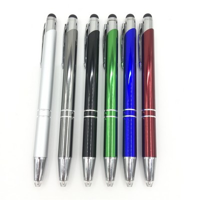 Metallic color click action ball pen with soft touch stylus and LED light