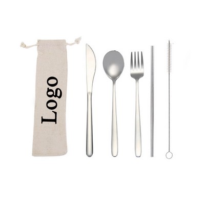 Durable 5 Piece Stainless Cutlery Set w/Natural Jute Bag Packing