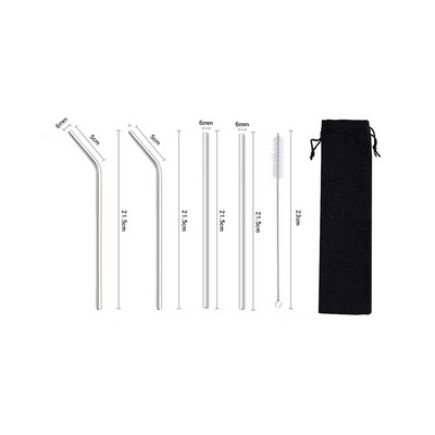 5-Piece Stainless Steel silver Straw Set into Cotton Carrying Pouch