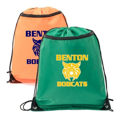 Premium 210D Polyester Front Zipper Drawstring Backpack (14" x 18")