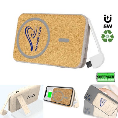 Wheat Straw Cork Wireless Power Bank with a Foldable Stand and 5000mAh Battery Capacity!