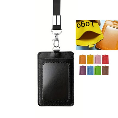 PU Leather ID Badge Card Holder With Lanyard