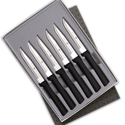 Six Serrated Steak Knives Gift Set w/Black Handle