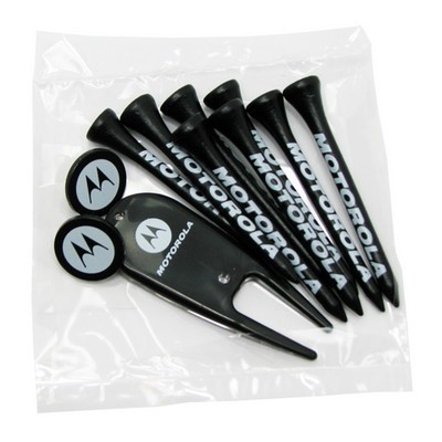 Golf Tee Poly Bag Set with 8 Tees, 2 Ball Markers & Divot Tool