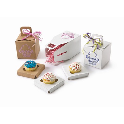 White Gloss/Kraft 1 Piece Cupcake Box w/Handle (4"x 4"x 4")