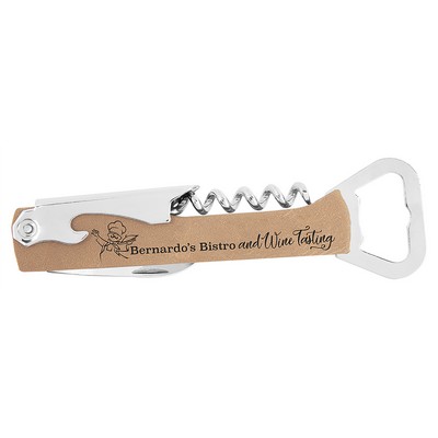 Light Brown Corkscrew Bottle Opener, Laserable Leatherette, 1-1/8"x5-1/4"