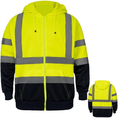 Hi Viz Class 3 Color Block 2" Reflective Tape Safety Zipper Hoodie With Kangaroo Pocket