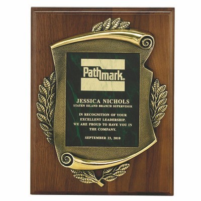 Walnut Finish Plaque w/Cast Antique Brass Frame & Colored Plate (12"x15")