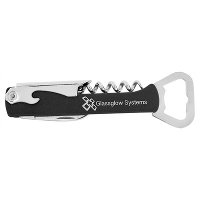 Black-Silver Corkscrew Bottle Opener, Laserable Leatherette, 1-1/8"x5-1/4"