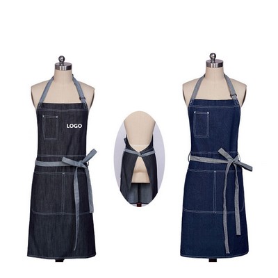 12Oz Cotton Denim Kitchen Aprons W/ Front Straps/3 Pockets