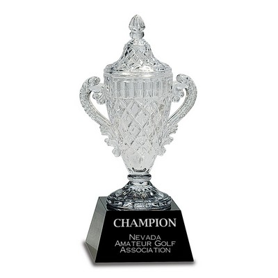 8" Tall Crystal Trophy Cup on Black Glass Base