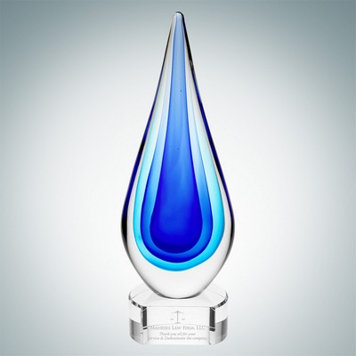 Art Glass Blue Teardrop Optical Crystal Award w/Clear Base (Large)