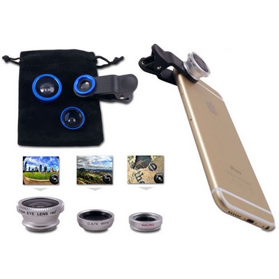 Universal 3 In 1 Cell Phone Camera Lens Kit In Imprinted Gift Pouch