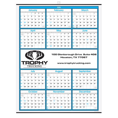 Blue Border Modern Yearly Calendar w/Center Imprint