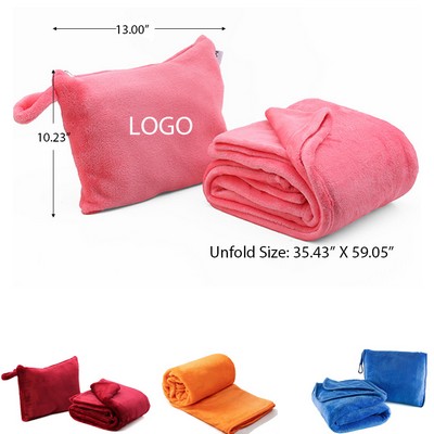 Travel Portable Flannel Blanket with Zippered Carry Pouch Use As Soft Lumbar Support Travel Pillow