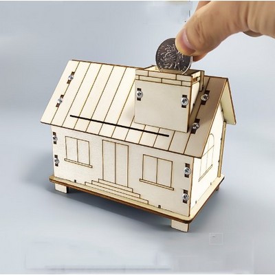 Puzzle Toys Self-assembly Piggy Bank Wooden Hut w/ Combination Lock