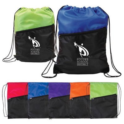 Two-Tone Poly Drawstring Backpack with Zipper Front Pocket