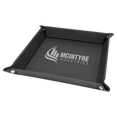 9" x 9" Black/Silver Laserable Leatherette Snap Up Tray with Silver Snaps