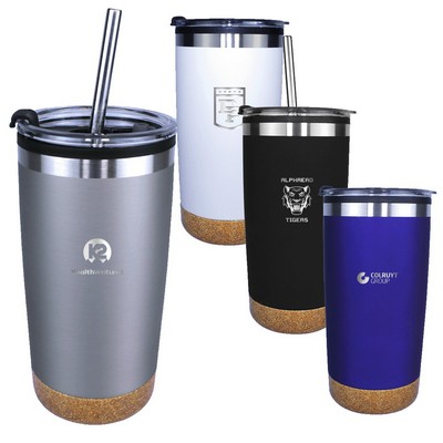 20 Oz. Halcyon® Standard Cork Bottom Tumbler w/Stainless Straw & Flip Top Lid (Laser)