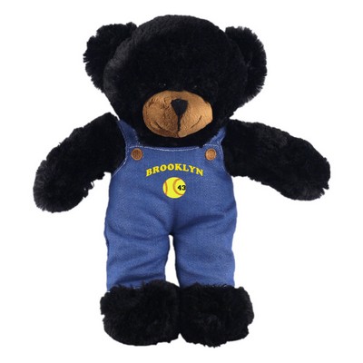 Soft Plush Stuffed Black Bear in denim overall.