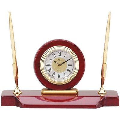 Rosewood Clock & Double Pen Set, 5" x 9"