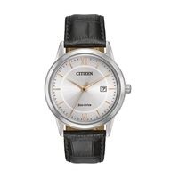 Citizen® Men's Eco-Drive Black Leather Strap Watch w/Metallic Silver Dial