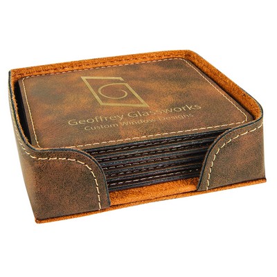 Square Rustic/Gold Leatherette Coaster Set (4" x 4")