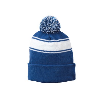 Classic Knit Stripe Beanie w/Pom, RoyalWhite