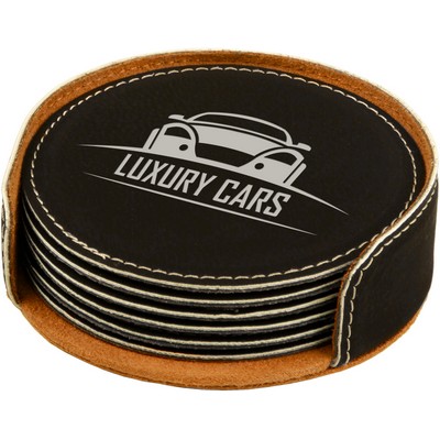 4" Black/Silver Round Laserable Leatherette 6-Coaster Set