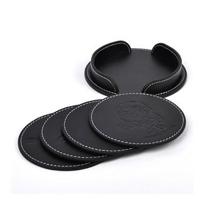 4 Piece Round Black PU Leather Coaster Gift Set