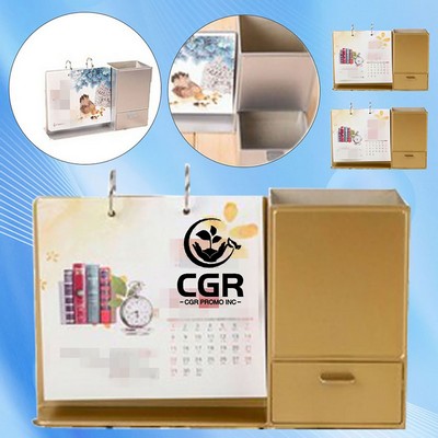 Desktop Calendar with Pen Holder and Convenient Storage Box