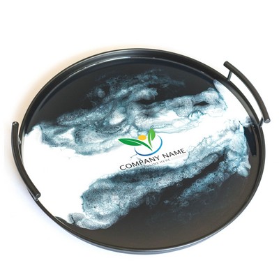 Black Metal Round Tray - Navy White Metallic