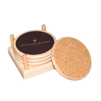 Round Wood 4 Piece Coaster Set w/Leather Inlay