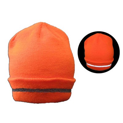 12" Neon Orange Safety Reflective Beanie Hat Cap Folded Beanie