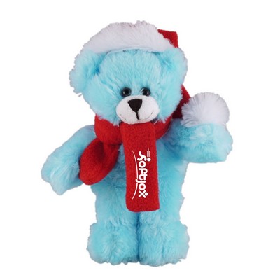 Soft Plush Stuffed Blue Bear with Christmas Hat and Scarf